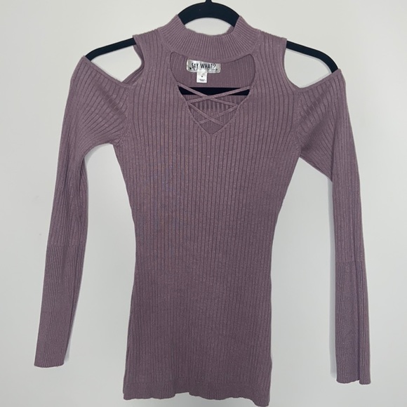 #12 Mauve Purple Cold Shoulder Ribbed Knit Long sleeve Sweater Top - Picture 1 of 7
